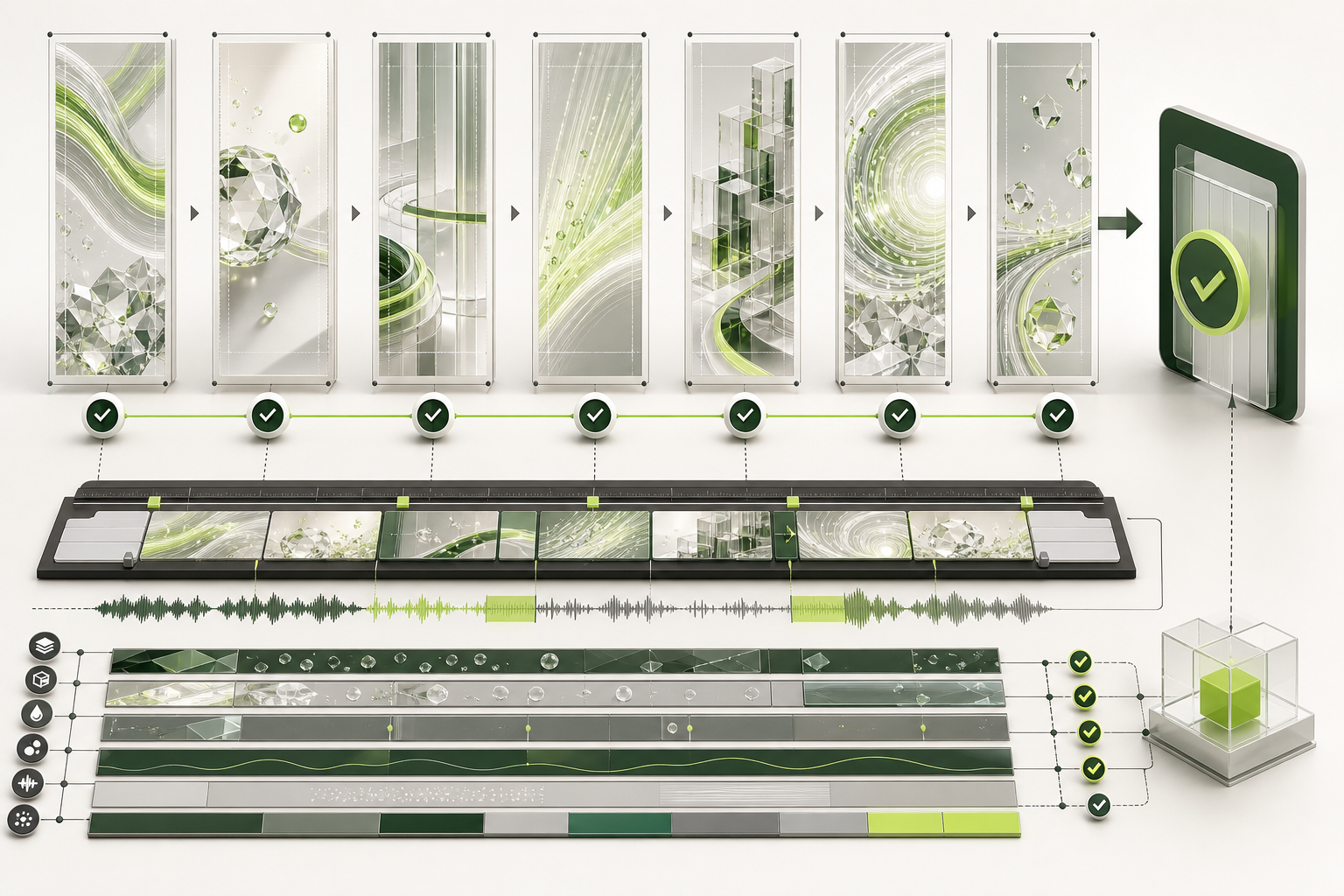 Conceptual storyboard, timeline, audio, and validation layers for an AI-assisted video workflow.