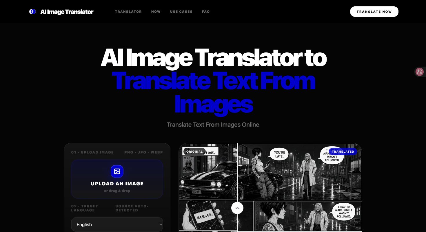 AI Image Translator homepage showing image upload, target language selection, and a before-and-after preview