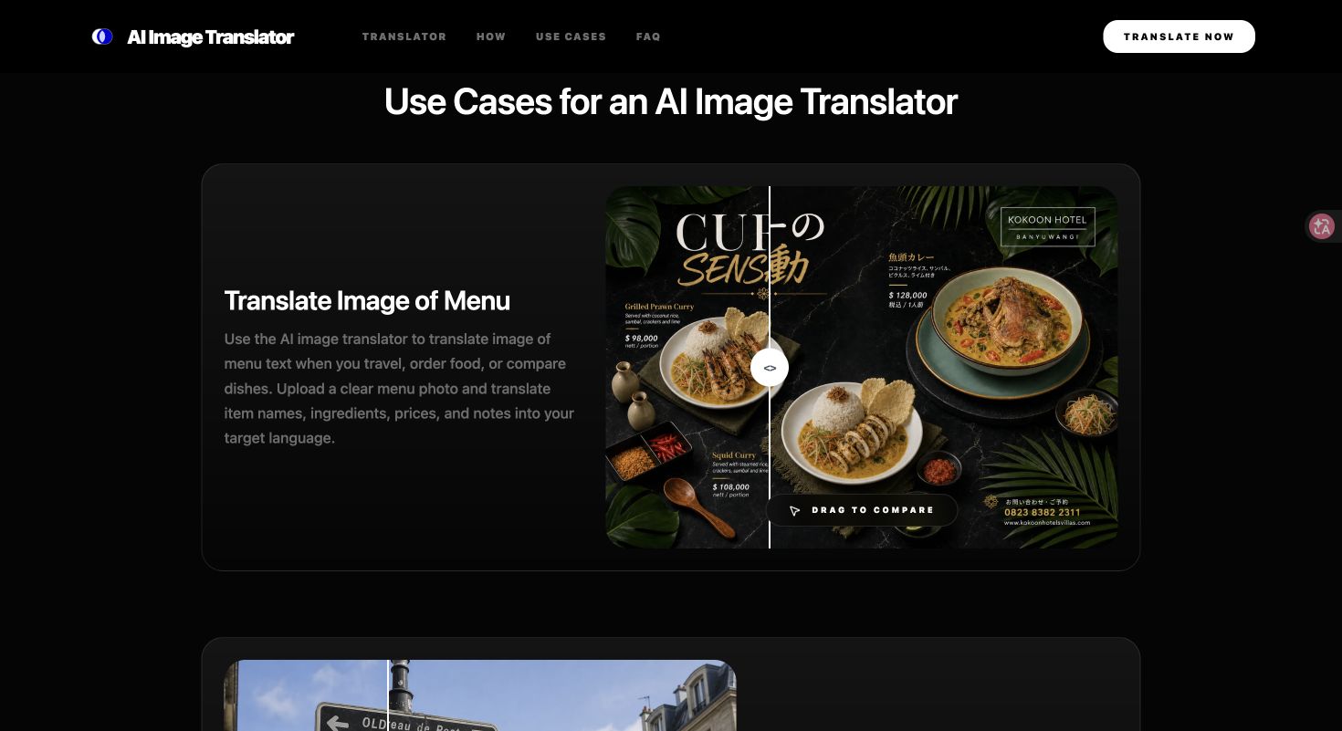 AI Image Translator menu use case with an interactive before-and-after translation comparison
